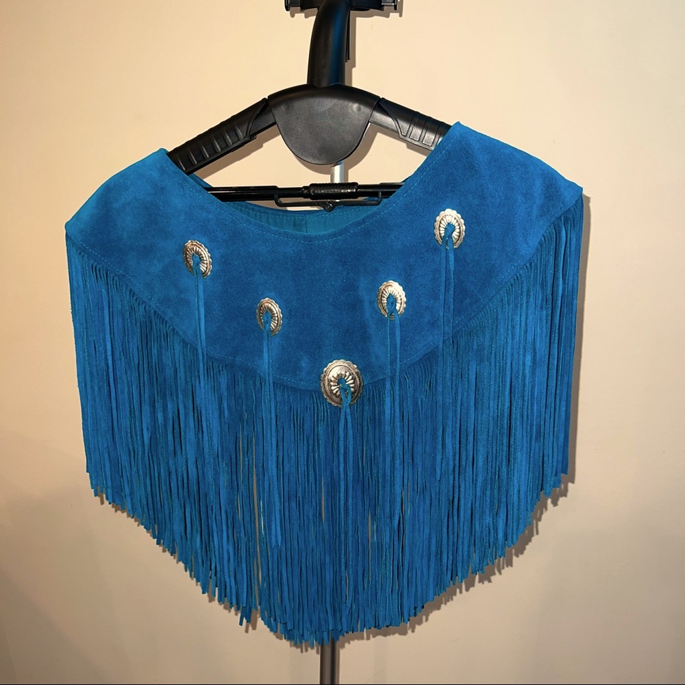 Vintage teal western leather fringe shawl decorative shoulder cover